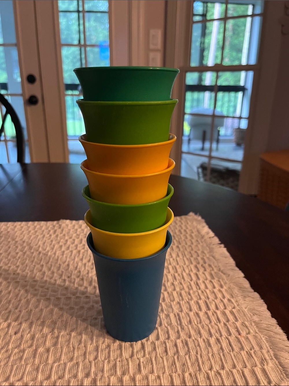 Tupperware Stackable Plastic Cups in Blue, Yellow & Green